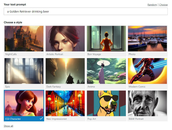 entering a text prompt and choosing a style on NightCafe