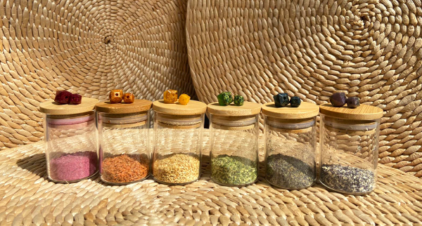 Processed food waste made from dragon fruit, carrot, orange peel, zucchini, butterfly pea, and eggplant.